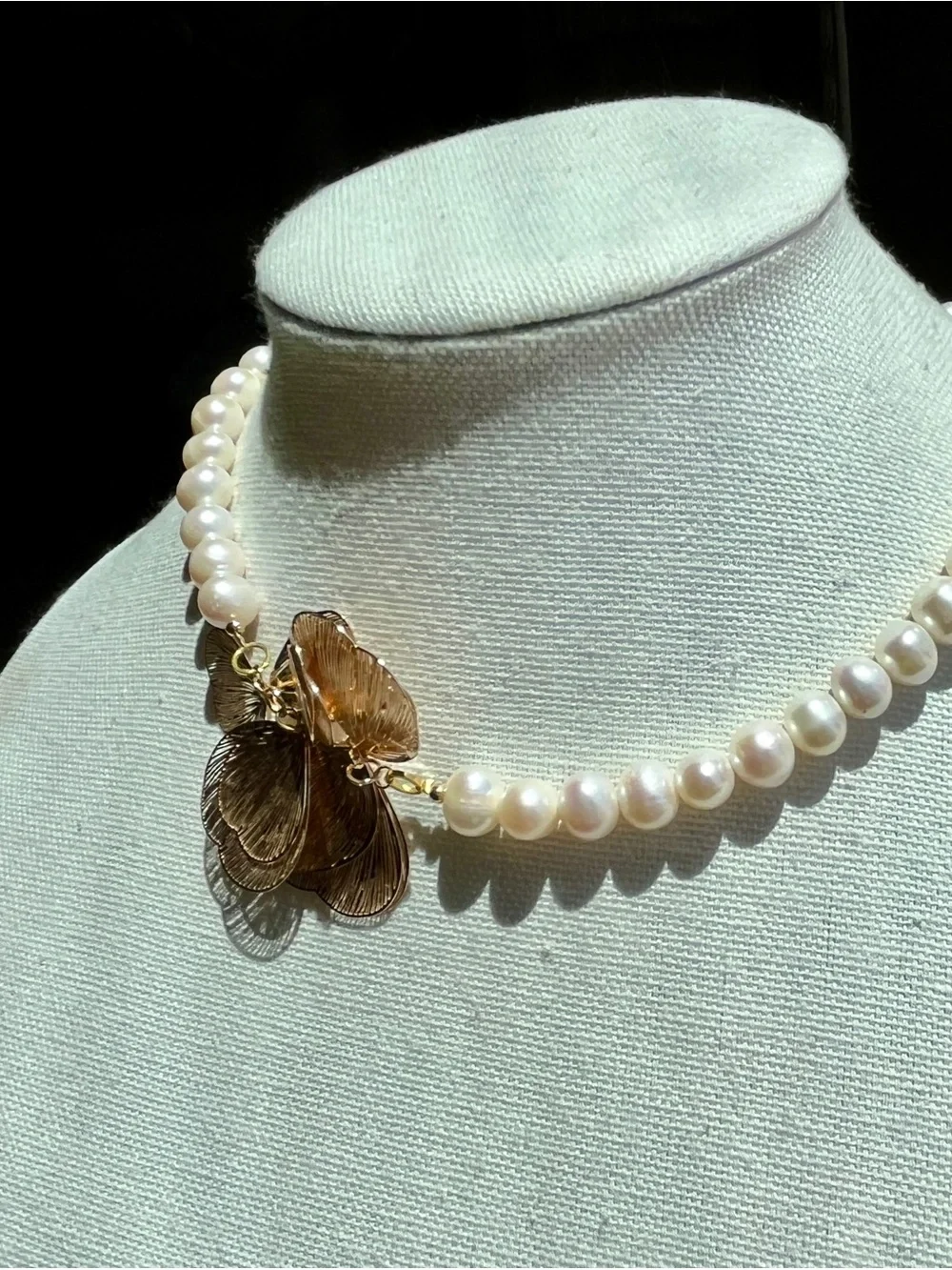Gold Tone Floral Pendant Pearl Necklace with Ivory Pearls
